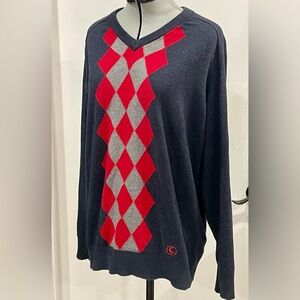 El Ganso V-Neck wool sweater w/Argyle, Navy and Red, szM